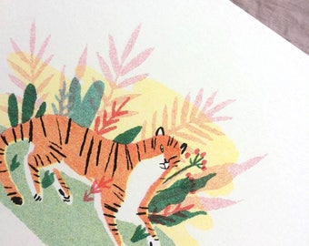 Tiger Riso Print // 4 colours risography A5 art print with forest/ plants