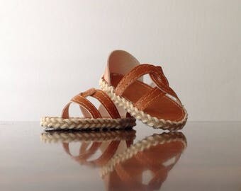 18" Doll Clothes, Chic Sandals w Braided Trim, Tan Faux Leather, 18" Doll shoes, handmade to fit like american girl doll clothes