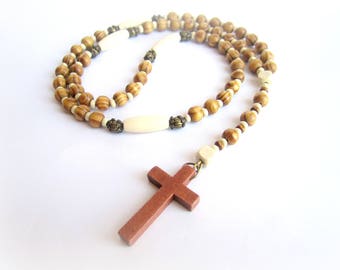 Rosary necklace, mens cross necklace, mens wood beaded necklace, mens wooden rosary necklace, italian jewelry, wooden beads rosary beige