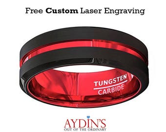 Mens Wedding Band - Tungsten Ring - Black And Red Tungsten - Scarlet Red - Beveled Edge - Tungsten Wedding Band