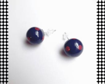 Ball earrings, Navy blue red dots on studs