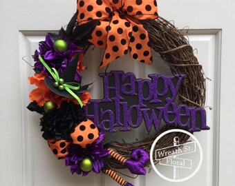 Halloween Wreath, Witch Wreath, Front Door Wreath, Orange Black Wreath, Wreath Street Floral, Grapevine Wreath, Door Wreath, Wreaths