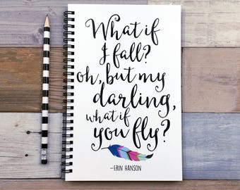 Writing journal, spiral notebook, bullet journal, feather, sketchbook, blank lined grid - What if I fall, but my darling what if you fly