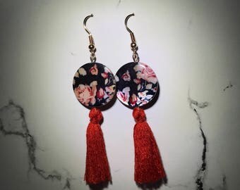 Red Tassel Floral Earrings