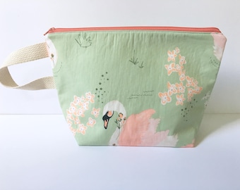 Medium Zipper Pouch, Knitting Bag, Project Bag, Sock Sack, Sock Knitting Bag, Organic Zipper Pouch, Swan Bag, Light Green Bag, Cosmetic Bag