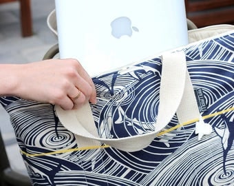 shark print laptop bag, with padded lining, zipper closing and pocket in lining.