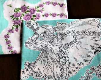 Pair of Teal Handkerchiefs, Vintage Hankies, Lady in Fancy Dress, Purple flowers, Aqua Border, Hanky, Fashion scarf, Pocket square,