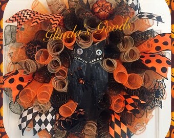 Ready to SHIP! Owl Wreath, Halloween Wreath, Halloween mesh wreath, Halloween decor, Halloween door hanger, Halloween wall decor, Owl decor