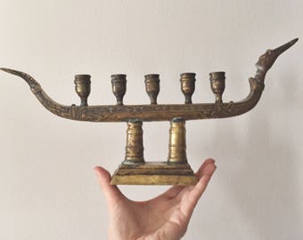 Vintage Brass Dragon Boat Candelabra // Midcentury Decor
