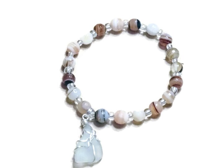 Beaded Bracelet - White beach glass charm - Earth tone beads - stretch bracelet - browns and butterscotch - Pretty and Beachy