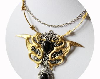 Necklace black gold dragon and silver "Be a dragon" Golden Medallion dragon black agate pendant necklace, gold and silver Griffin necklace