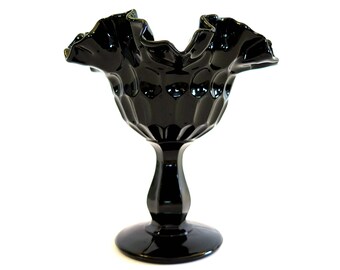 Vintage Fenton Black Glass Compote Thumbprint Crimped Edge Vase Footed Candy Nut Dish