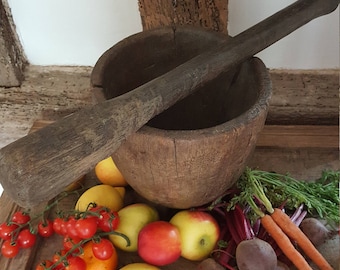 Primitive Antique, Rustic Wooden Pestle and Mortar