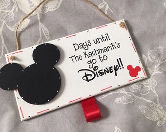 Personalised Days until Disney countdown. Handmade wooden sign plaque with Mickey Mouse head. Comes ready with chalk and personalized