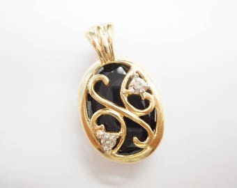 Black Onyx Pendant, Gold Pendant, Vintage Pendant, Filigree Pendant, 10k Yellow Gold Black Onyx Diamond Accent Filigree Pendant #3342