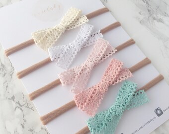 Lace Bow Headband, Lace Hair Clip, newborn bow, nylon headband, newborn prop, bows, headbands, baby girl headband, baby bows, alligator clip