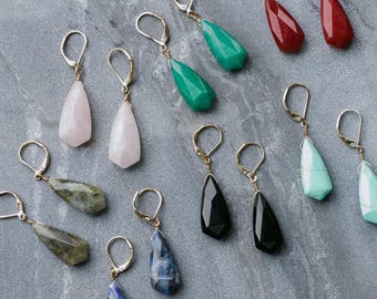 Natural Stone Earrings, Polished Semi Precious Stone Earrings, Blue,Pink,Green,Black,Red, Dangle earrings