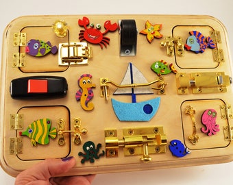 Toy for travel Travel busy board Toy for trip Toddler busy board Latch board Sensory for baby Montesori toy Baby gift Toy for boy July 4th