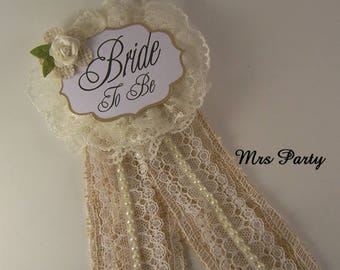 Ivory Bride To Be Badge Burlap and Lace Bridal Shower Badge Burlap Bride To Be Corsage Rustic Bridal Shower Decor Bachelorette Badge