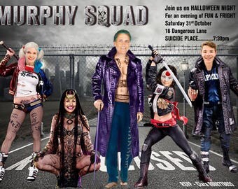 SUICIDE SQUAD HALLOWEEN invitation, Family Anti-hero Halloween invitation, Halloween, customized Photo Halloween, Harley Quinn, Joker,