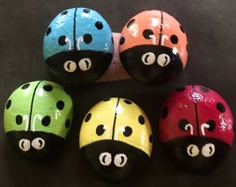 Set: Five Tiny Colorful Ladybug Garden Stone Painted Rocks @MoonRocksArt