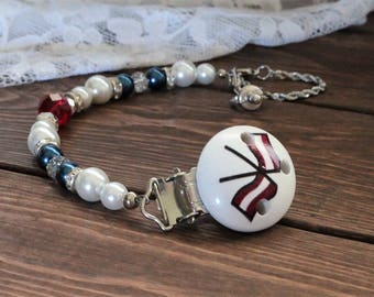Beaded White & Blue, Red Flags Pacifier Clip