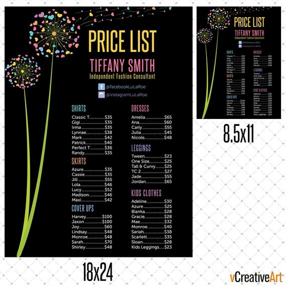Price List Poster 18x24 / 8.5x11 Price Chart Newest Styles