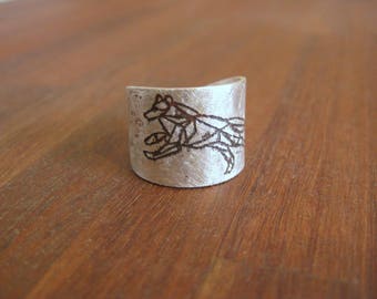 Running Wolf Textured/Etched Stirling Silver Ring