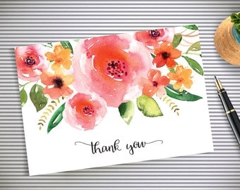 Roses Thank you Card, Floral Thank You card, Wedding Thank You Cards, Thank You Note, Instant Download, Printable PDF, Wedding, Shower