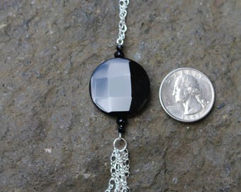 Long Black Glass Necklace with Chain Fringe