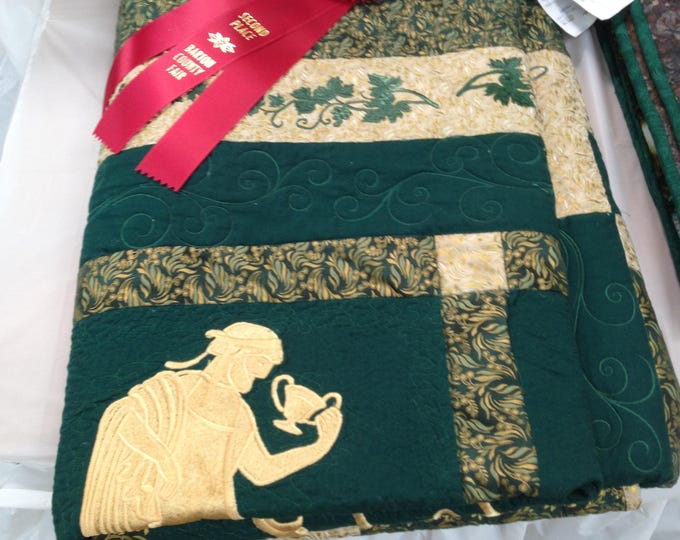 Award Winning Embroidered Grecian Garden Quilt In Gold and Green 76 in X 94 in, Green and Gold Embroidered Quilt Full Size, Green Quilt