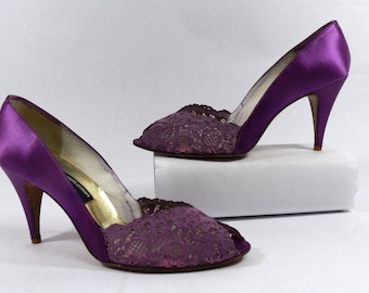 Stuart Weitzman for Martinique Vintage 80s Purple Satin/Lace Peep Toe Heels Size 10B