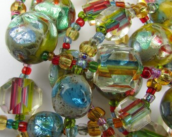 Art Deco Bohemian Czech Rainbow Crystal & Foil Iris Glass Beads Necklace