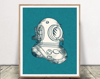 Divers Helmet Art Print, Nautical Art Printable, Diving Helmet Download, Nautical Digital Download, Deep Sea Diver, Diver Helmet Printable