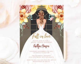 Fall bridal shower invitation, fall bridal shower invite, fall floral bridal shower invitation, bridal shower wedding dress, elegant bride