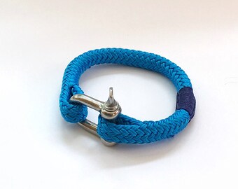 Men's blue nautical rope bracelet with stainless steel shackle 8mm