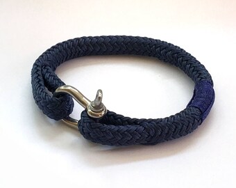 Men's navy blue nautical rope bracelet with stainless steel shackle 8mm