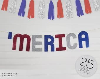 MERICA Banner Garland Sign, America, USA, Patriotic, Fourth 4th of July, Memorial Day, Labor Day, Red, White, Blue Independence Party Decor
