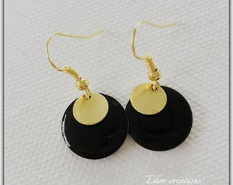 Gold sequin black enamel earrings