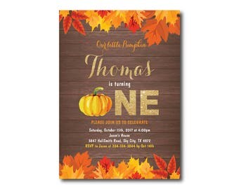 Pumpkin First Birthday Invitation. Fall Birthday Invitation. Autumn Boy or Girl Bday. 1st First Birthday. Rustic Wood. Printable Digital.