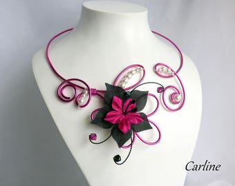 Kenza - Fuchsia black white silk wedding flowers necklace