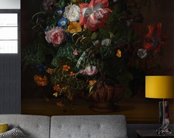 Vintage oil floral retro painting wallpaper - wall art decor - Removable Self Adhesive peel and stick wallpaper / wall mural #73