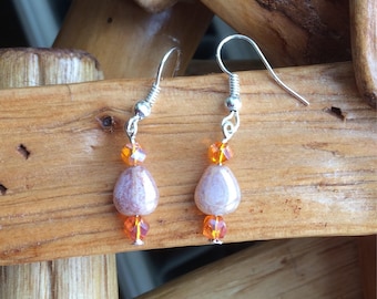 Orange glass teardrop and crystal earrings handmade