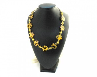 Wild necklace mother of Pearl and Lampwork leaf beads gold - gift for her