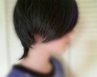 Short Black Wig with Purple Streaked Fringe