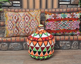 2 Free Pillow _Vintage Moroccan Baskets berber/ Bread Handmade /Handwoven + 2 Pillow colourful/cushion/kilim berber Handmade