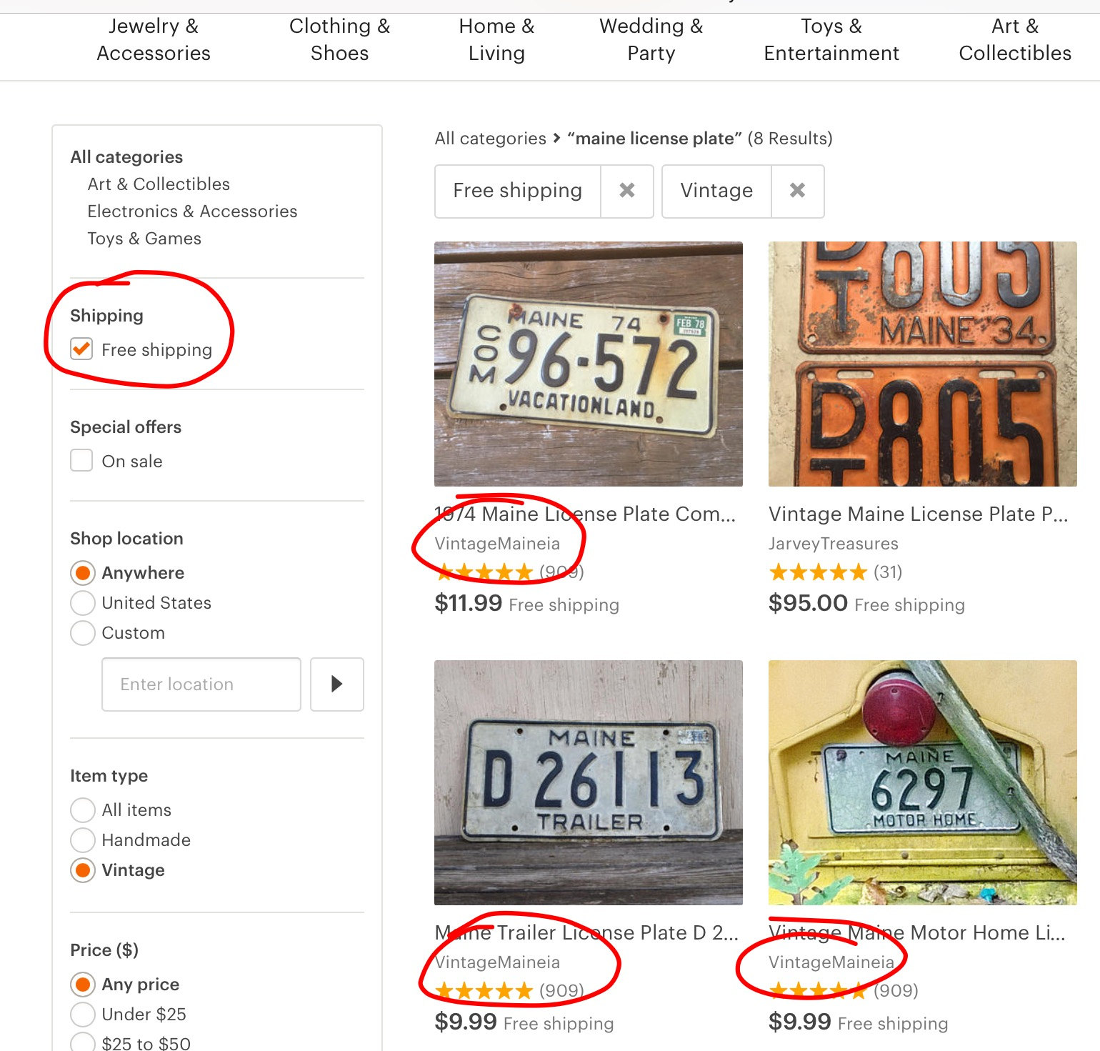 Etsy free shipping search results