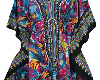 Blue Pink Printed Short Kaftan Blouse Kimono Hippie Chic Summer Comfy Beach Breeze Cover Up Dress One Size