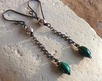 MALACHITE linear chain earrings, green gemstone jewelry, oxidized sterling silver, AngryHairJewelry