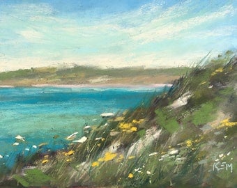 IRELAND Seashore Wildflowers plein air Landscape Original Pastel Painting Karen Margulis 5x7